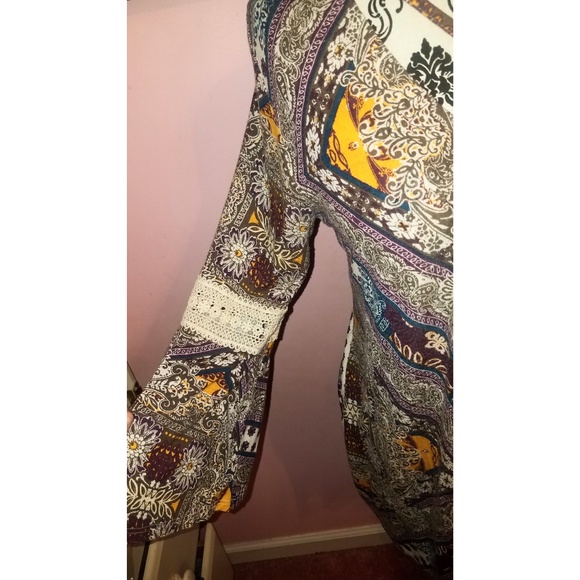 Brown and purple paisley printed bell sleeve top - Picture 2 of 3